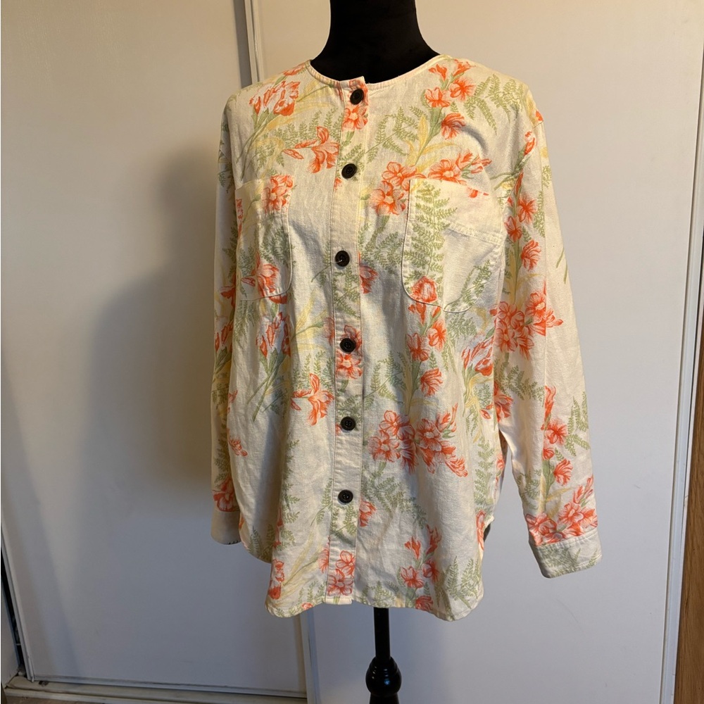 Jessie Lee Womens Top Size M Linen Blend Floral Cottagecore Coastal Travel Bloom